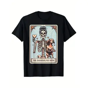 Graphic Tees Valentine's Day Dachshund Mom Skeleton Graphic T-Shirt | Unisex 100% Cotton Casual Tee | Round Neck Breathable Fabric
