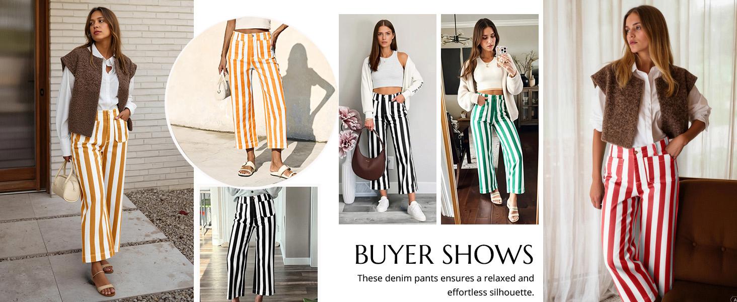 Aswulk Womens Cropped Striped Jeans Casual High Waisted Stretchy Straight Leg Denim Pants with Pockets