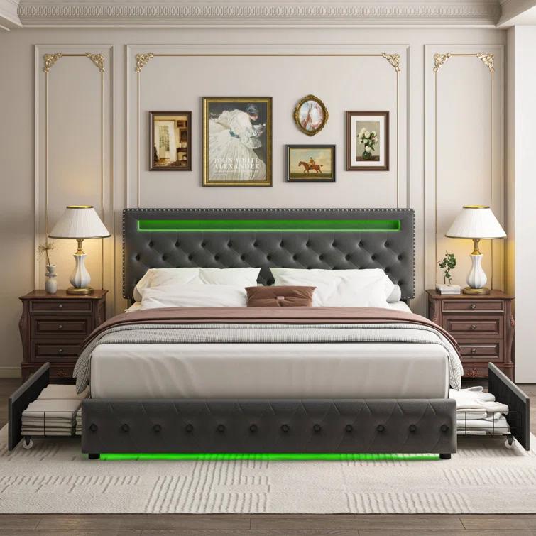 GEGOFORU LED Bed Frame King Size with Storage Drawers, Upholstered Modern Platform Bed, RGB Lights, No Box Spring Needed, Perfect Gift GEGOFORU LED Bed Frame King Size with Storage Drawers, Upholstered Modern Platform Bed, RGB Lights, No Box Spring Needed, Perfect Gift