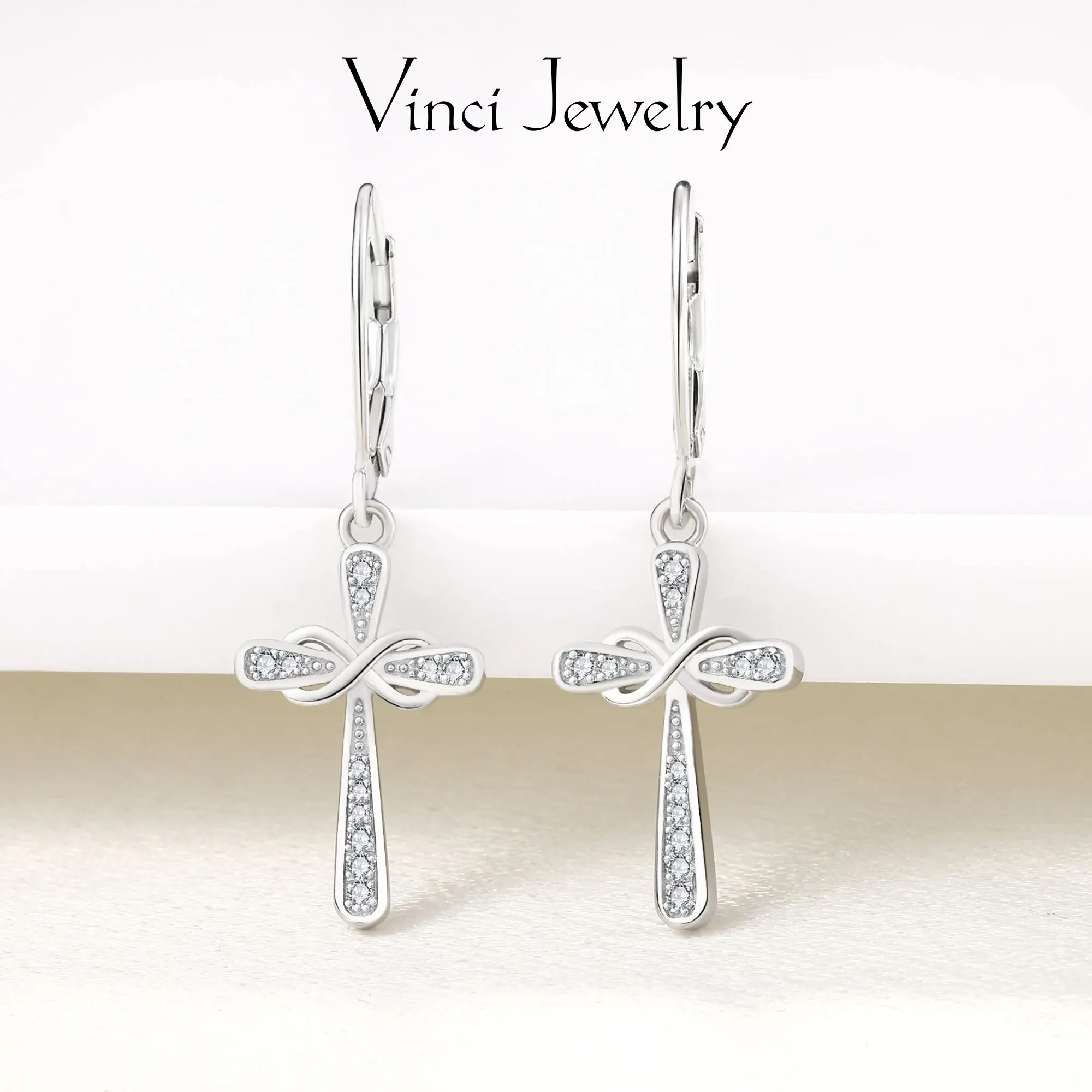 925 Sterling Silver Cross Earrings Infinity Dangle Drop Earrings Dainty Cubic Zirconia Decorated Faithful Jewelry for Protection Subtle Yet Meaningful Elegant Design