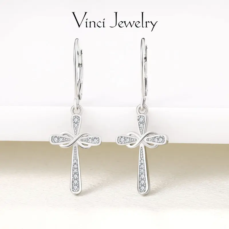 925 Sterling Silver Cross Earrings Infinity Dangle Drop Earrings Dainty Cubic Zirconia Decorated Faithful Jewelry for Protection Subtle Yet Meaningful Elegant Design