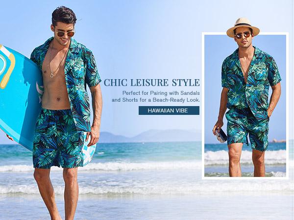 COOFANDY Men's Set Hawaiian Matching Set Summer Beach 2 Piece Outfits Flower Shirts and Shorts Tropical Fabric Tropical Fabric Floral Menswear  Shortsleeve Loose