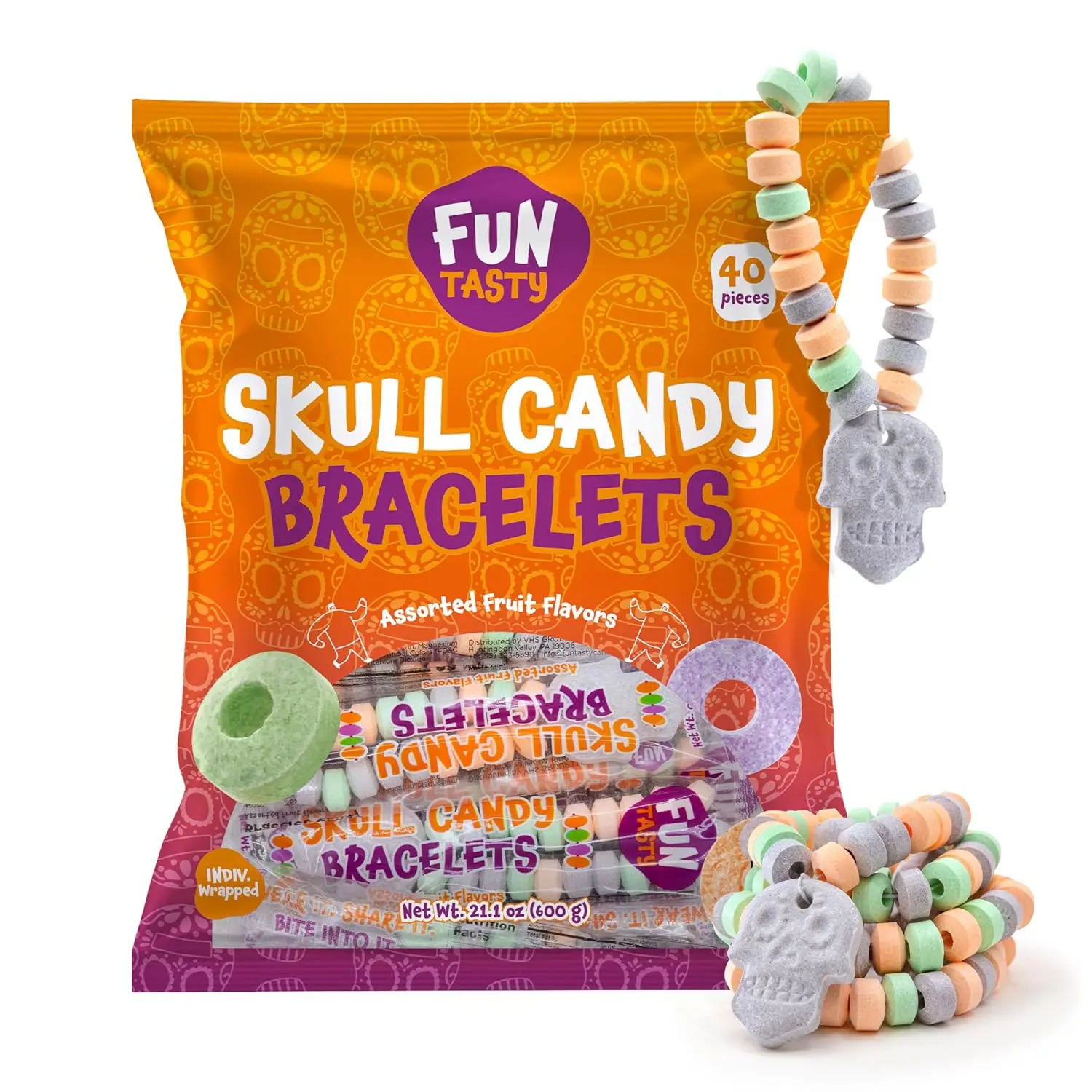 Halloween Candy, Skull Candy Bracelets Individually Wrapped - 40 Count | Party Favors, Pinata Fillers, Candy for Goodie Bags