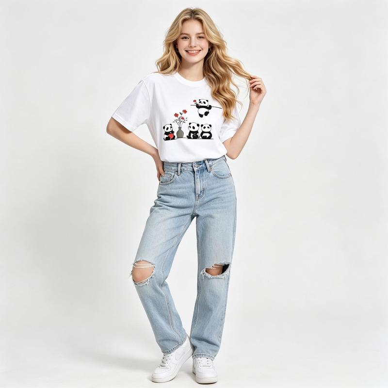 Women's Oversized Crew Neck Short Sleeve T-Shirt - White, Cute Panda, Hanging Bamboo, Red Flower, Heart Vase Prints - Soft, Comfortable, Breathable Light Fabric - Kawaii Aesthetic Casual Summer Streetwear Top