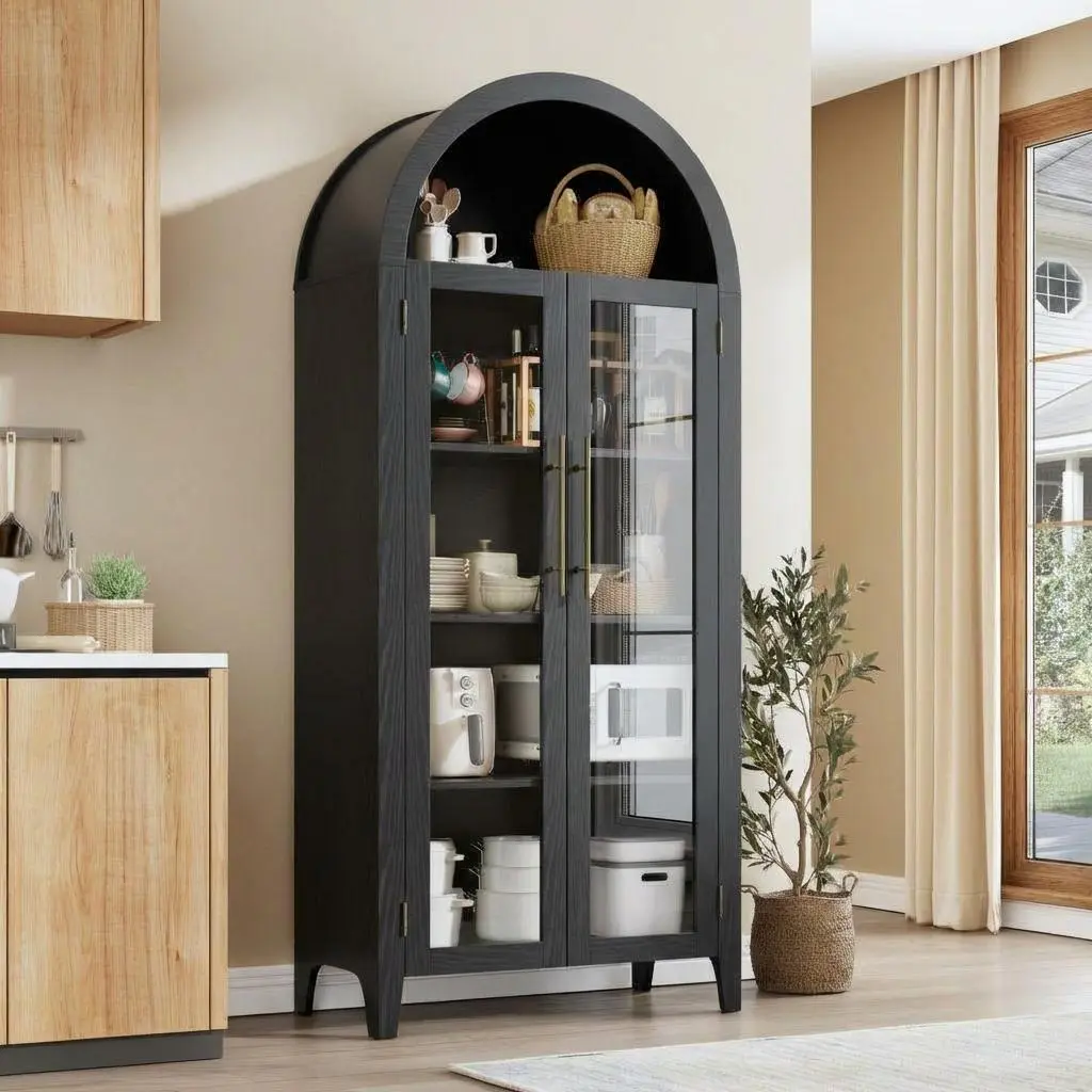 63” Tall Walnut Farmhouse Arched Wood Display Cabinet with Glass Doors, Drawer, Adjustable Shelves, Books Storage, Modern Furniture for Living Room, Office Kitchen Pantry