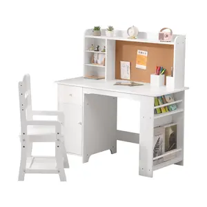 [GAOMON]White Study Desk and Chair Set with Bookshelf, Bulletin Board, and Cabinets - Ideal for Boys and Girls Ages 3-8