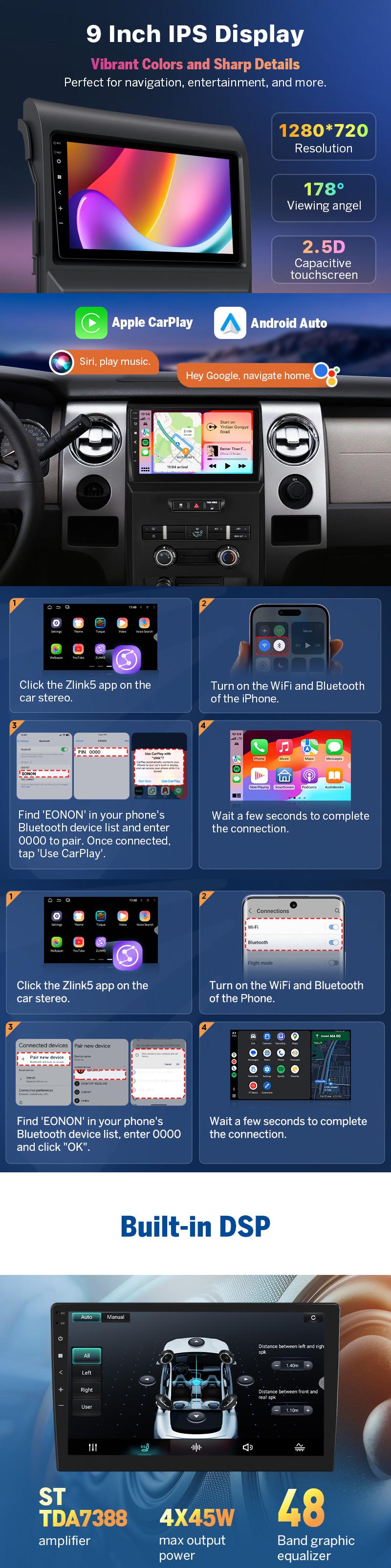 EONON Car Stereo for Ford F150 2009-2014, Wireless CarPlay & Android Auto Car Radio Touch screen, 9" Android 14 Car head unit, Steering wheel controls, Sub, Bluetooth, GPS Navigation, Backup camera - FDF1X7A, FDF1X7S