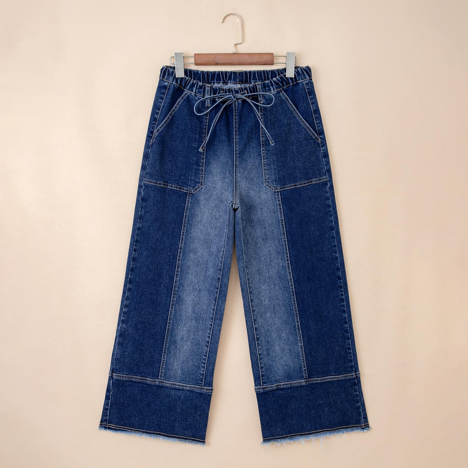 Women’s Drawstring High Waist Patched Big Pockrt Raw Hem Seam Detail Casual Wide Leg Denim Pants for Dailywear