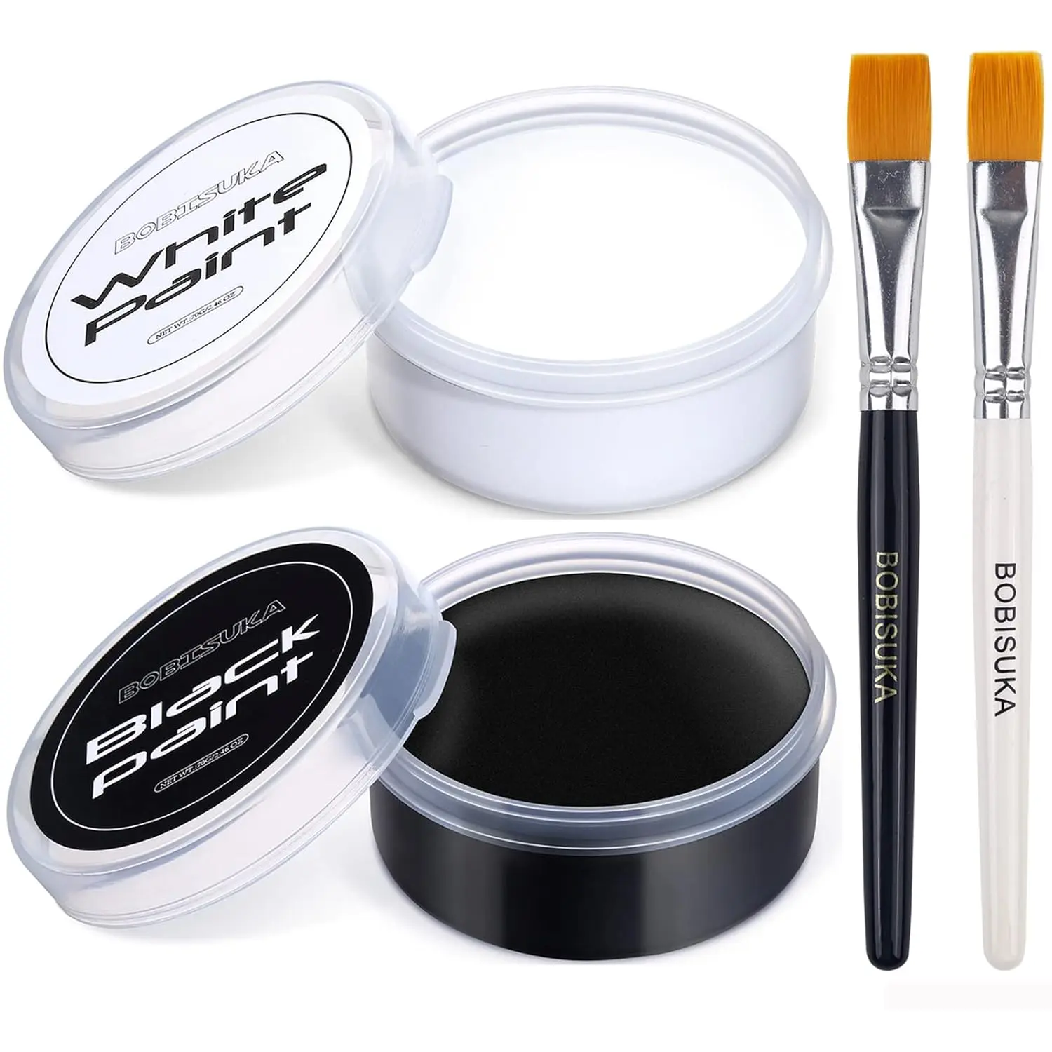 BOBISUKA Face and Body Paint, Oil-Based High Pigment Black and White Kit with 2 Brushes, Professional Hypoallergenic SFX Cosmetics for Halloween Clown, Cosplay & Youth, Black Clown Face Paint, Cosmetics Makeup, Face Body Makeup