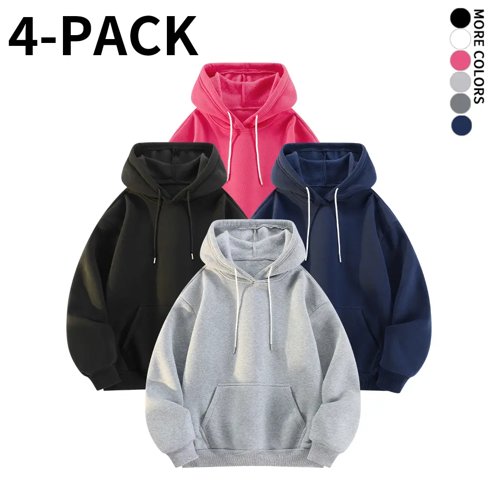 4-Pack Men's Classic Pullover Hoodies, Soft Solid Color Longsleeve Sweatshirts with Kangaroo Pocket, Loose Fit Casual Streetwear Tops, Menswear
