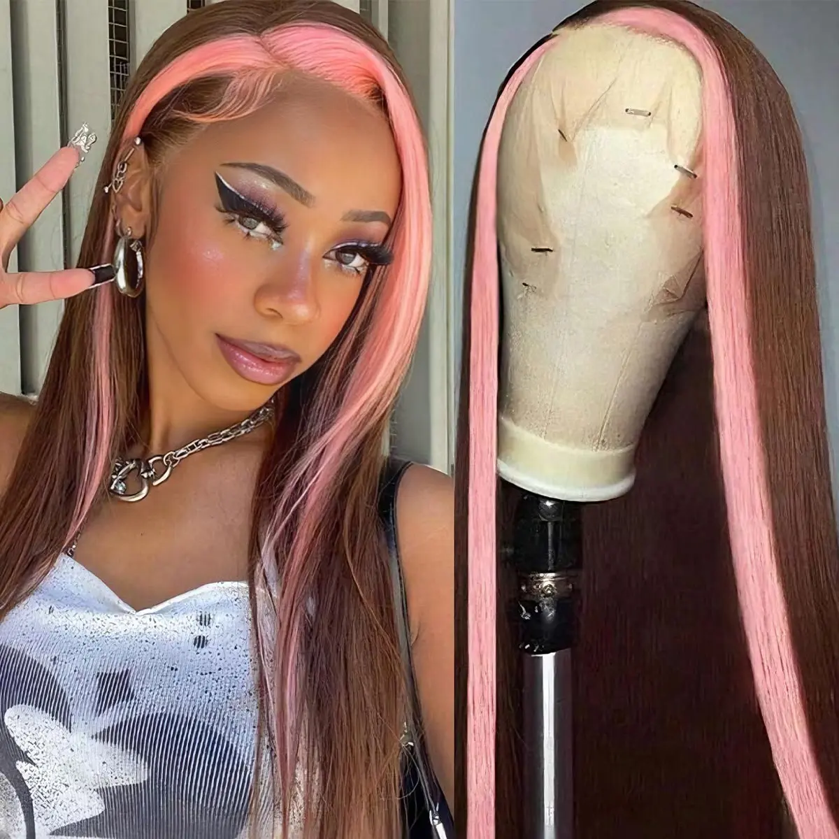 OQ HAIR Straight Brown Hair With Light Pink Skunk Stripe Color Pre-plucked Natural Hairline 13x4 Lace Front Wig Human Hair