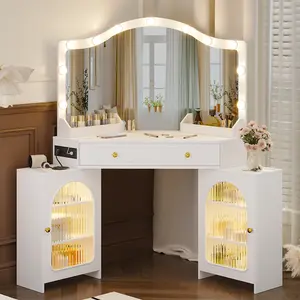 Casvik Corner Vanity Desk with 3 Way Mirror and Bulb Lights, Big Modern Makeup Vanity with Large Drawer & Outlet, Bedroom Dressing Table with Storage Cabinets & Shelves monthly gift