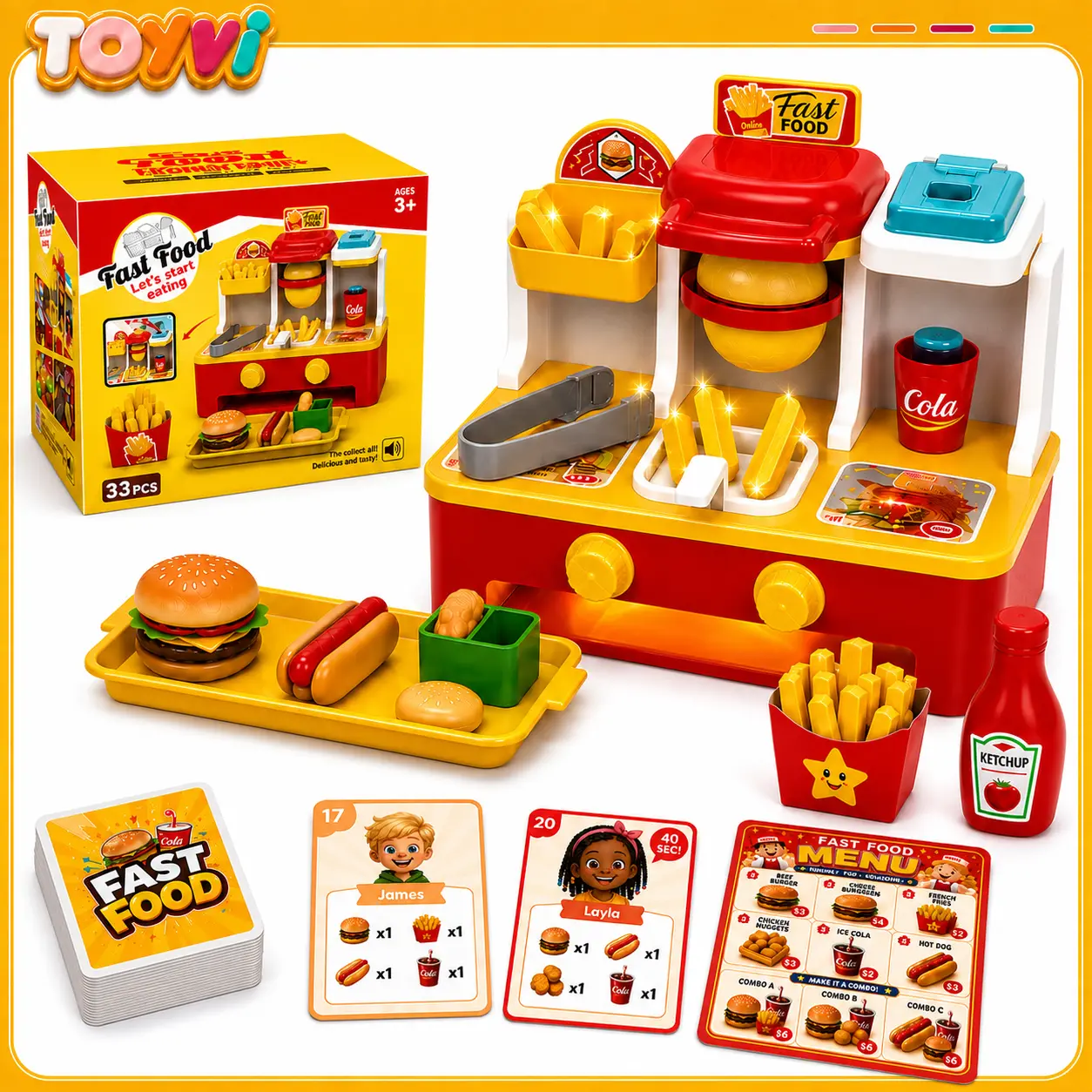 Fast Food Store Playset withBurger, Fries, Potato Cutter, Ice Maker, Menuand Play Money, Play Food Set for Kids,Kitchen Toys Ages 3+ Years Old, Children'sDIY Creative Set, Family Gift, SummerVibesBirthday & Summer Gift Ideas