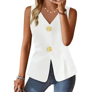Cicy Bell  Womens Summer V Neck Vest Tops Button up Sleeveless Casual Waistcoat Business Fitted Blazer vest