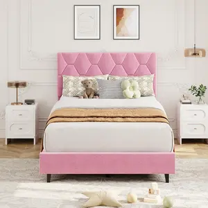 Twin Size Platform Bed Frame with Upholstered Headboard and Wooden Slats Support, Velvet Upholstered Mattress Foundation/No Box Spring Needed/Easy Assembly, Pink