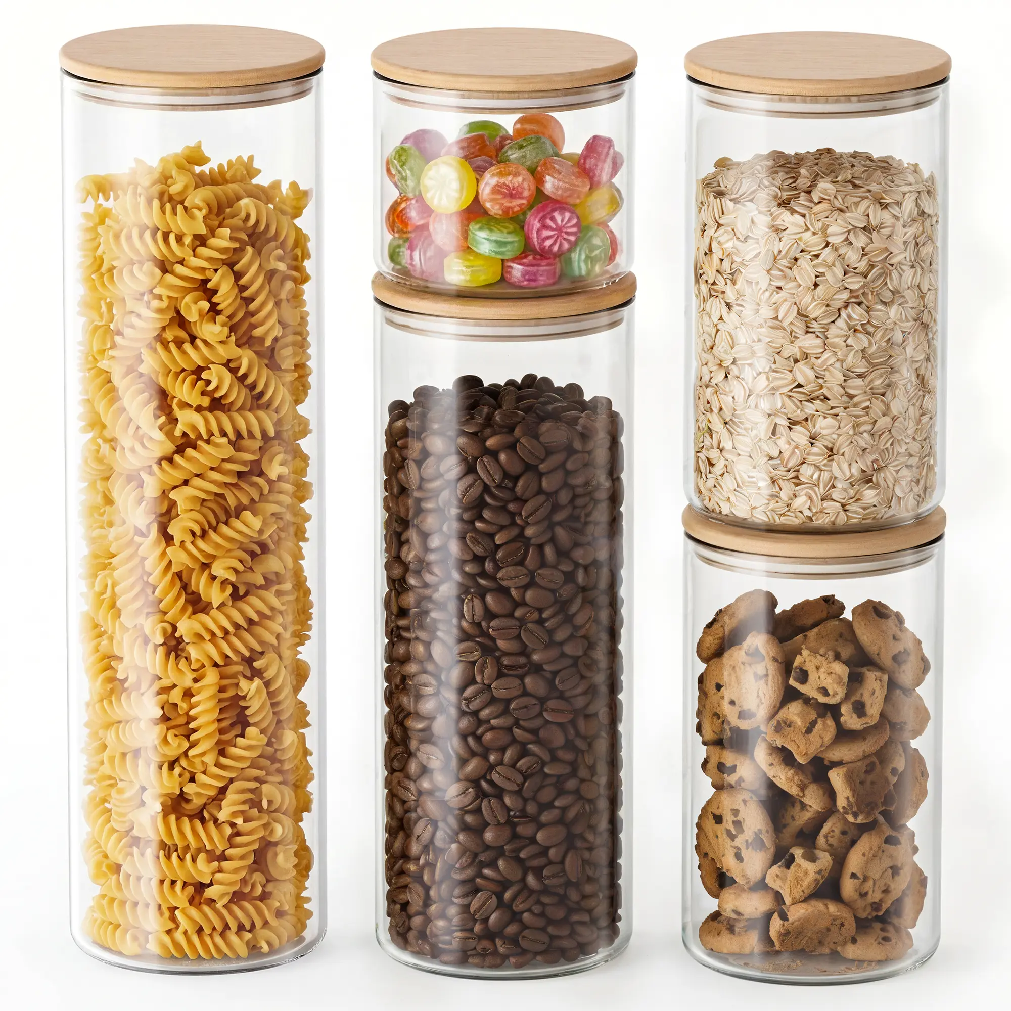 Genicook 5pc Modern Aesthetic Transparent Round & Square Oven-safe Glass Jar Set with Bamboo Lid Ring - Airtight, Leakproof, Stackable Food Storage Containers with Silicone Sleeves, Kitchen Pantry Organizers & Decor for Pasta to Oats, 1 Set Covers It, Kit