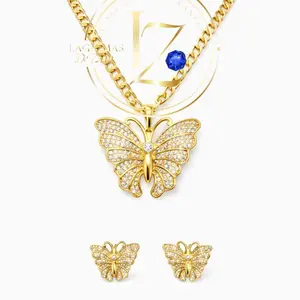 COD#2044  Cuban Chain with Butterfly Pendant and Erring Set - Elegant Design for Versatile Wear