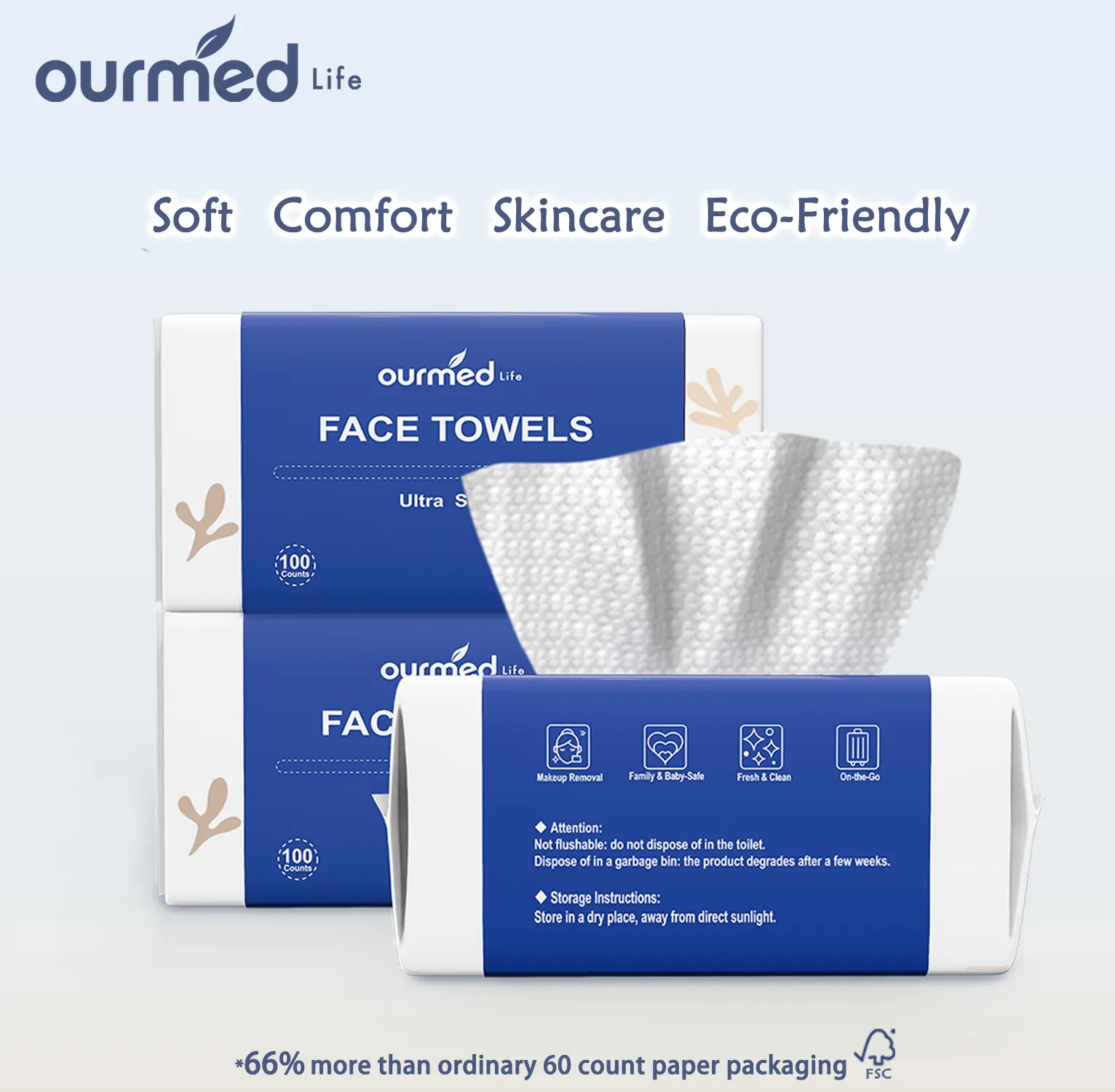 Ourmed Life Disposable Gentle Cleansing Face Towels - Biodegradable, Lint-Free Dot Texture Cleanser Wipes for Sensitive Skin, Makeup Remover, Dry/Wet Use, 100/300 Count Self Care Products,home essentials