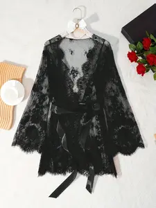 Sexy Red Valentine's Day Lace Lingerie Women's Nightgown, Semi-Transparent Lace-Up Elegant Long Sleeve Nightgown, Rave