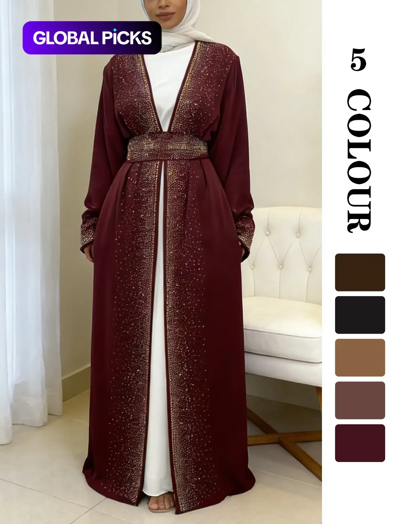 Women's Glitter Rhinestone-Embellished Belted Long-Sleeve Open-Front Modest Abayas for Eid, Women's Islamic Clothing Islamic Abaya Dress for Spring and Fall, Elegant Islamic Clothing Muslim Clothing Islamic Modesty Clothes