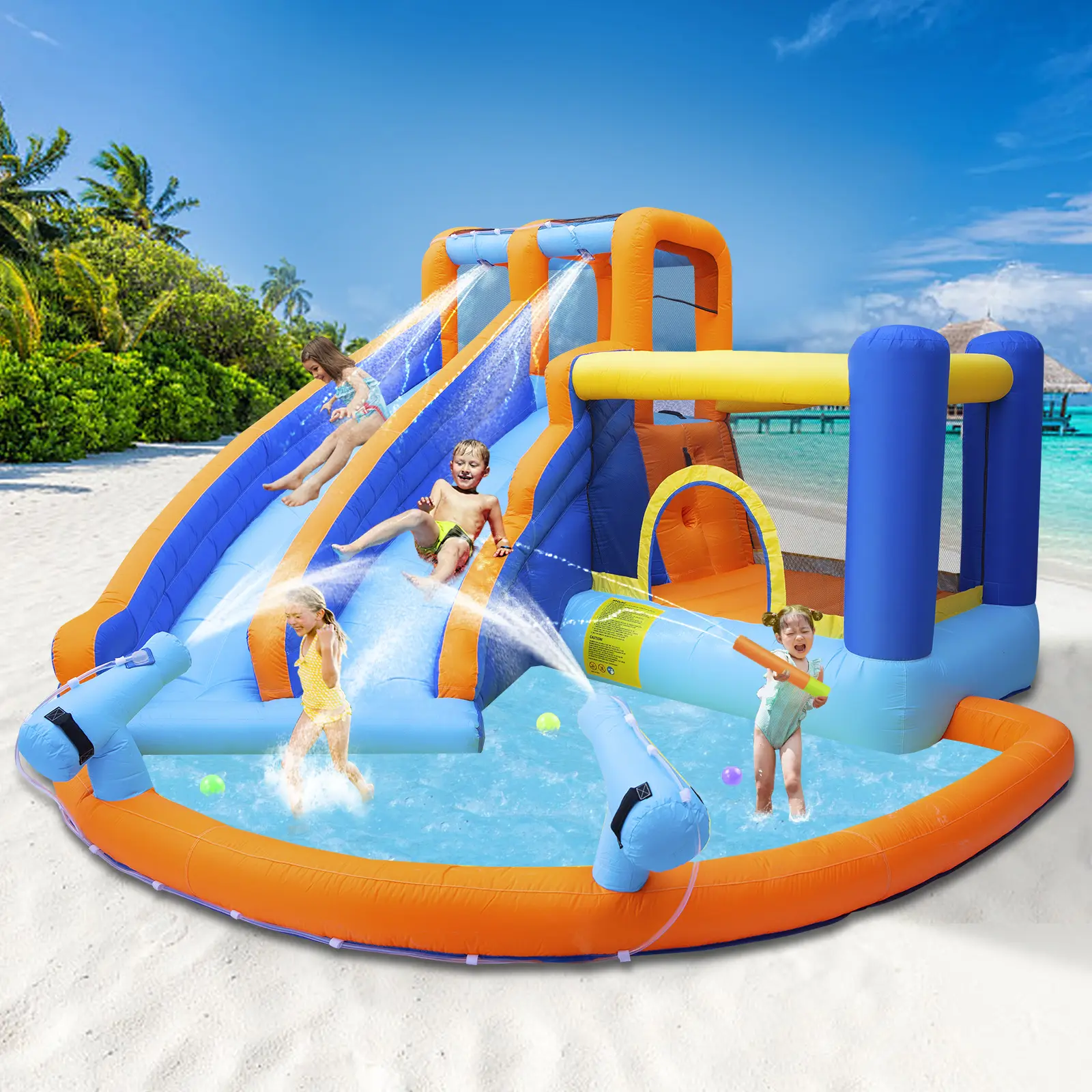 Inflatable Water Slide Bounce House Giant Water Park Double Slide Bouncer Castle w Splash Pool Jump Area Climbing Wall 550W Air Blower for Kids Backyard Indoor Outdoor Use Free Water Gun