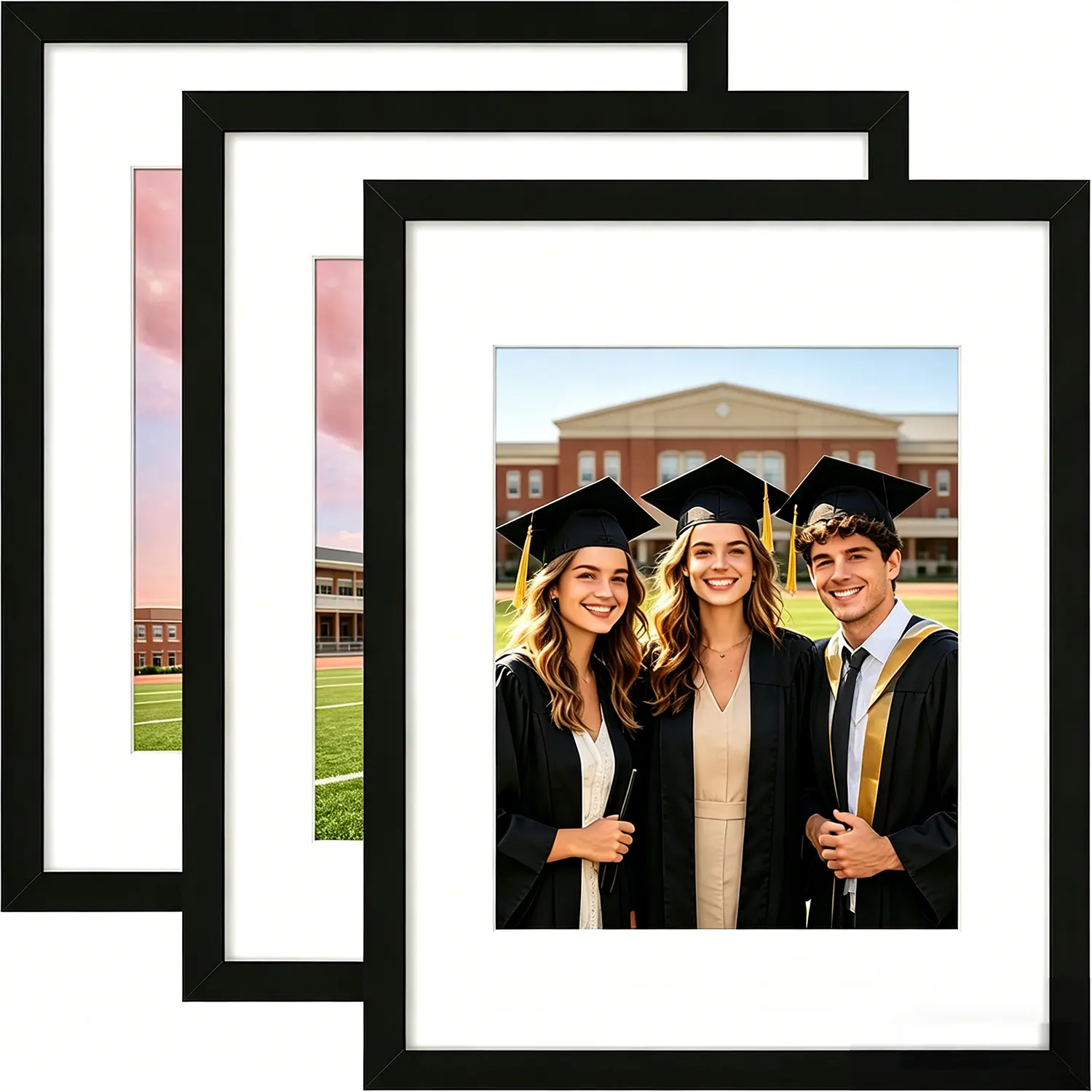 11x14 Picture Frame Set of 3, Solid Wood Frames with Acrylic Plexiglass for 8x10 with Mat or 11x14 Without Mat, Wall and Tabletop Display Photo Frames, Black