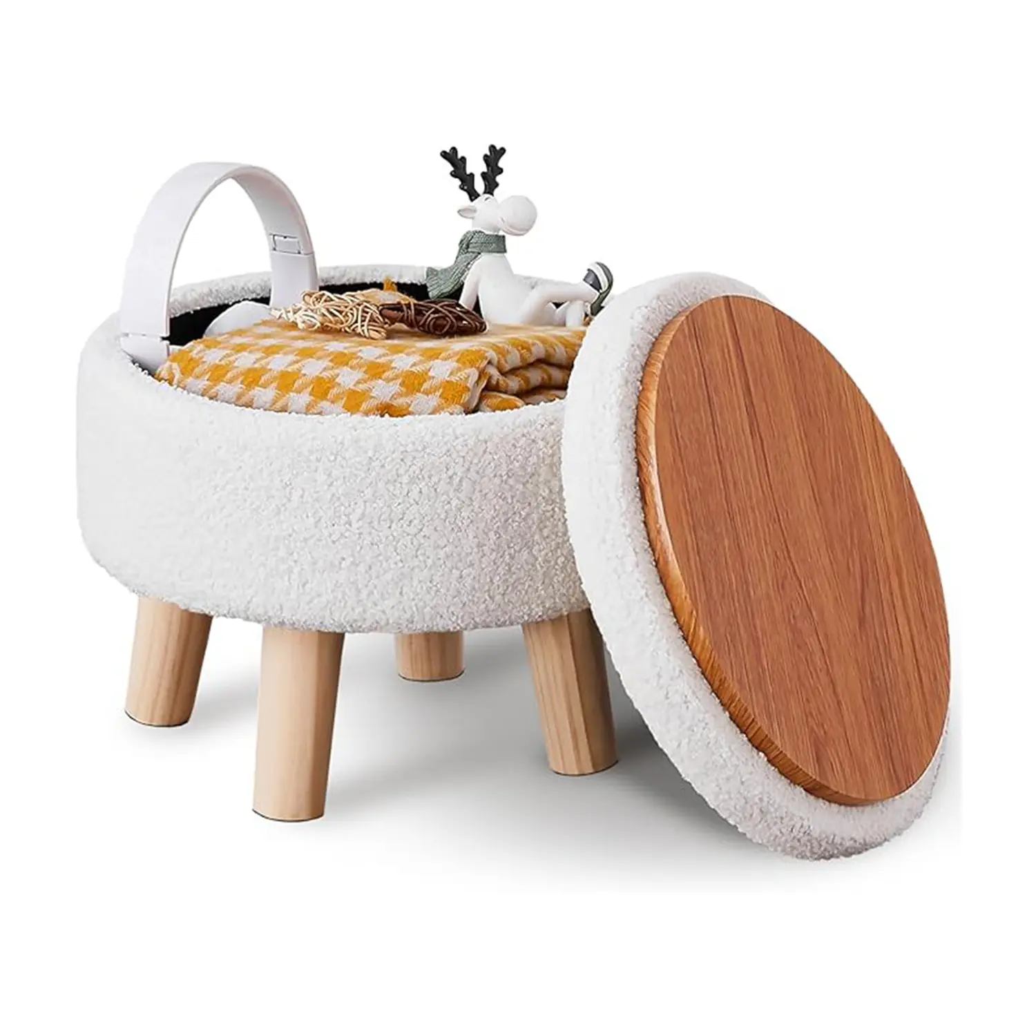 Small Teddy Velvet Mini Storage Ottoman - Modern Round Footrest with Soft Padded Seat, Wood Legs, Indoor Accent Furniture for Hallway, Living Room (Multi-Functional as Small Table or Plant Stand)