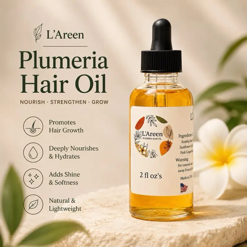 L’Areen Plumeria Hair Oil, 2 fl oz Natural Nourishing Blend - Lightweight Daily Use Haircare Treatment for Nourished Hair, Adults, Natural Hair Care