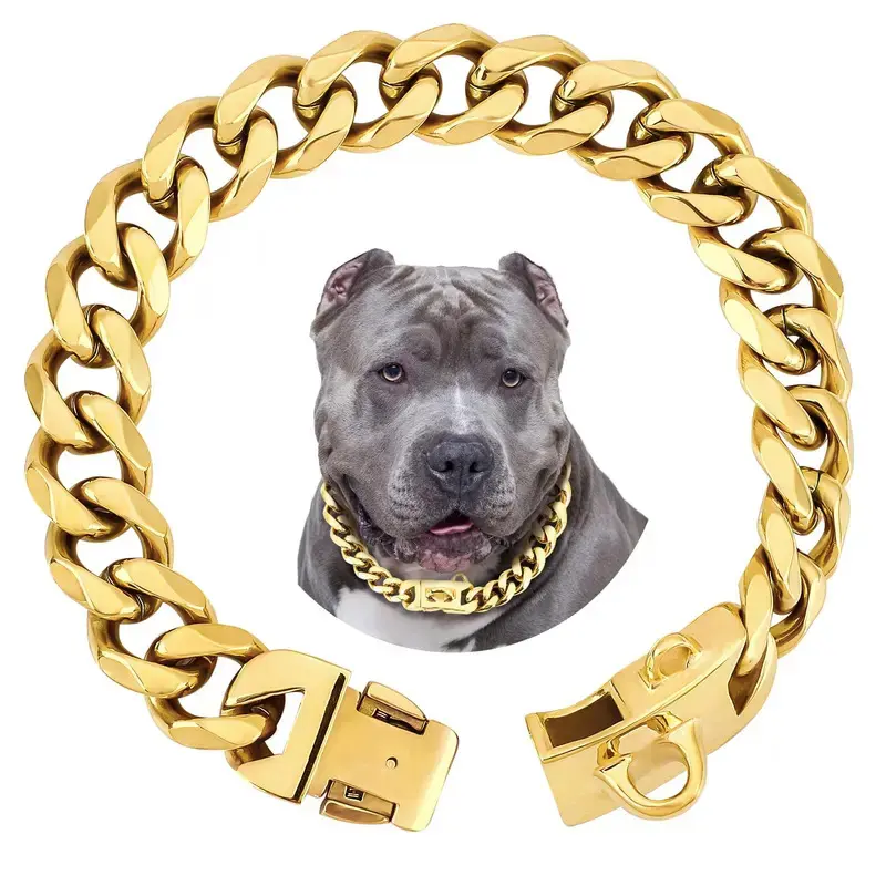 19mm Gold Stainless Steel Dog Harness Collar - TikTok-Favorite, Heavy-Duty, Chew-Proof Solid Chain Leash, Quick Release, Tangle-Free Decorating Pet Accessory for Large Dogs
