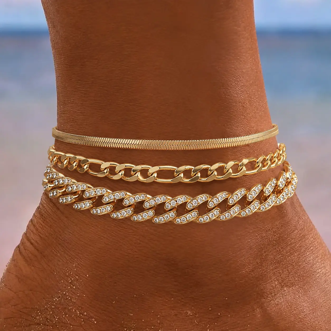 Chunky Layered Gold Anklet Set for Women, 3-Piece Matching Cuban Link & Snake Chains, Waterproof Alloy Metal, Adjustable for Summer Beach Wear, Anklets For Women, Matching Anklets