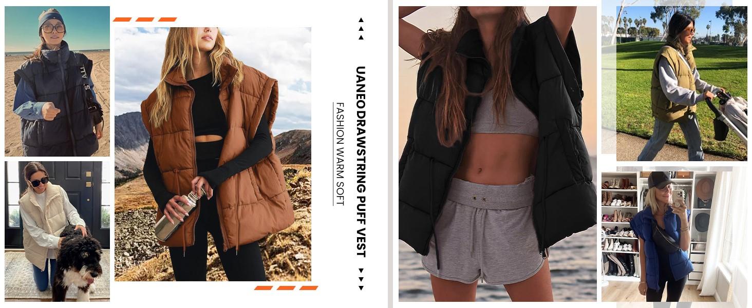 Women's Puff Vest Winter Drawstring Stand Collar Full Zip Sleeveless Padded Gilet