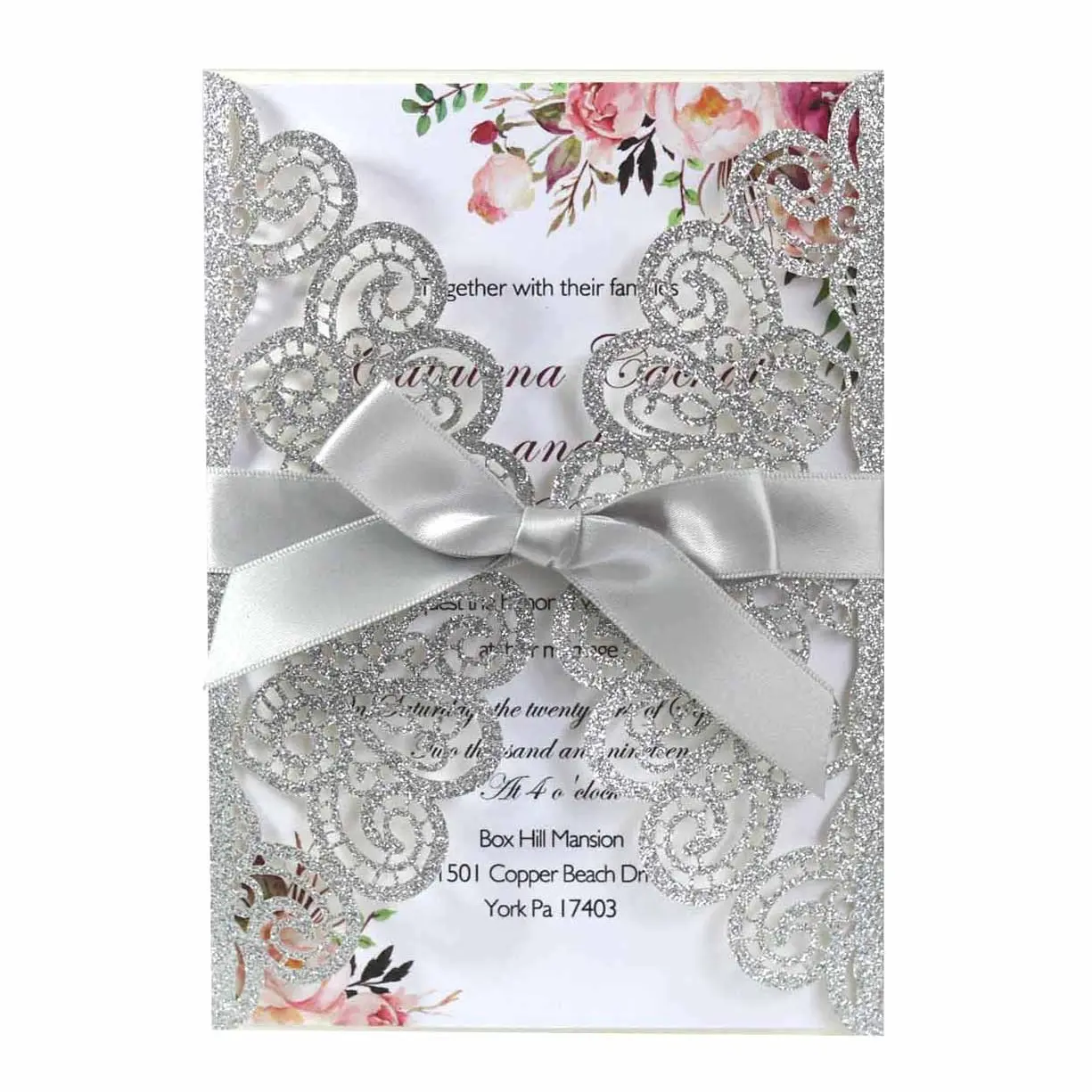 European Wedding Invitation Card - Sparkling Glitter Paper, Hollow Cutout Peacock Flower Design, Card Design, Engagement Set, Wedding Props