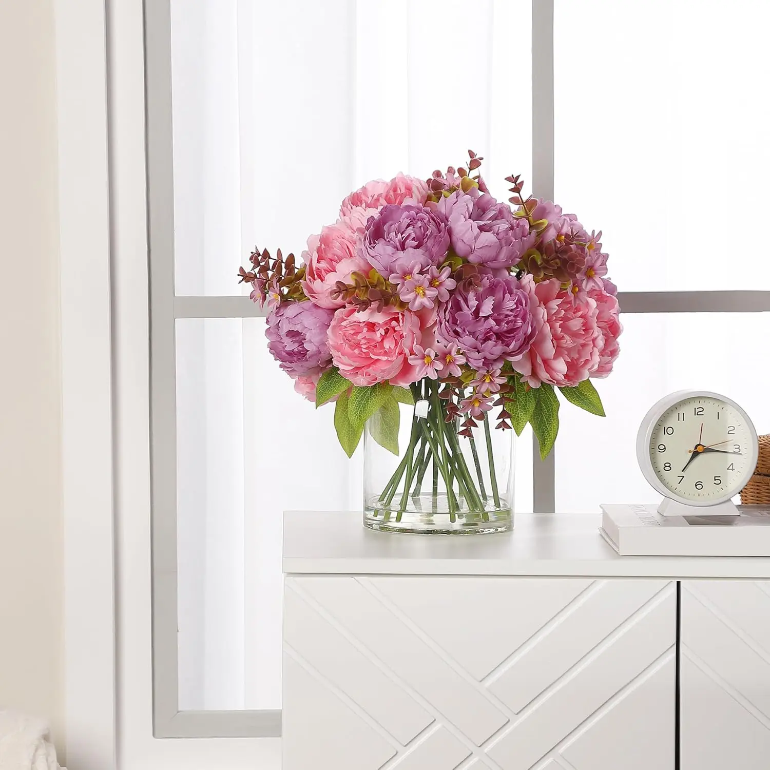 GAOMON 17-Piece Decorative Faux Peony Bouquet, Mixed Silk Real Touch Artificial Floral Arrangement in Glass Vase with Faux Water, Pastel Pink & Purple for Wedding Centerpieces, Home Table Decor, Faux Peony Bouquet Artificial Flowers