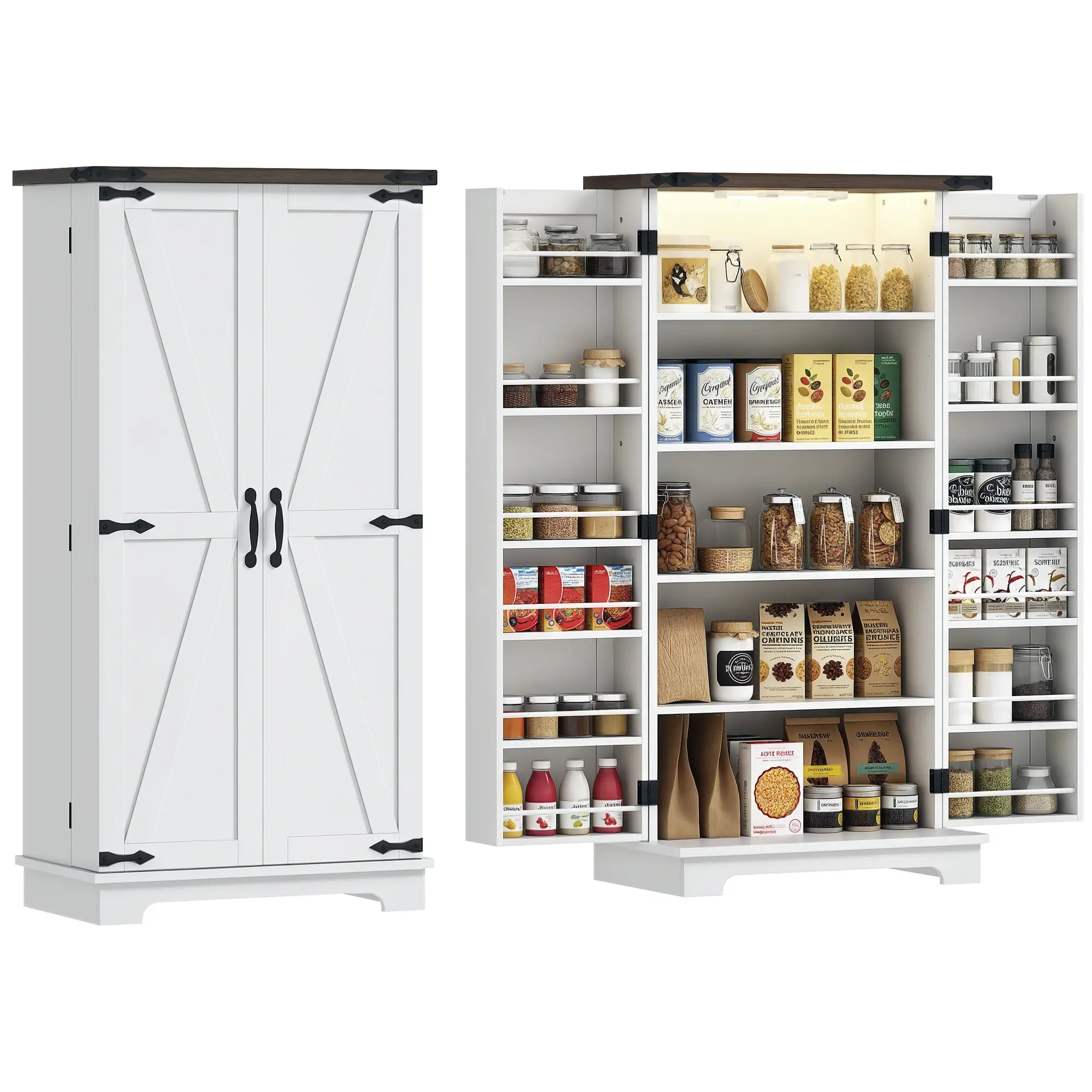 47" Kitchen Cabinet with Sensing LED Light – White. Kitchen Pantry Cabinet with Barn Doors, Adjustable Shelves & Door Shelves. 23.6"W x 15.7"D x 47.2"H