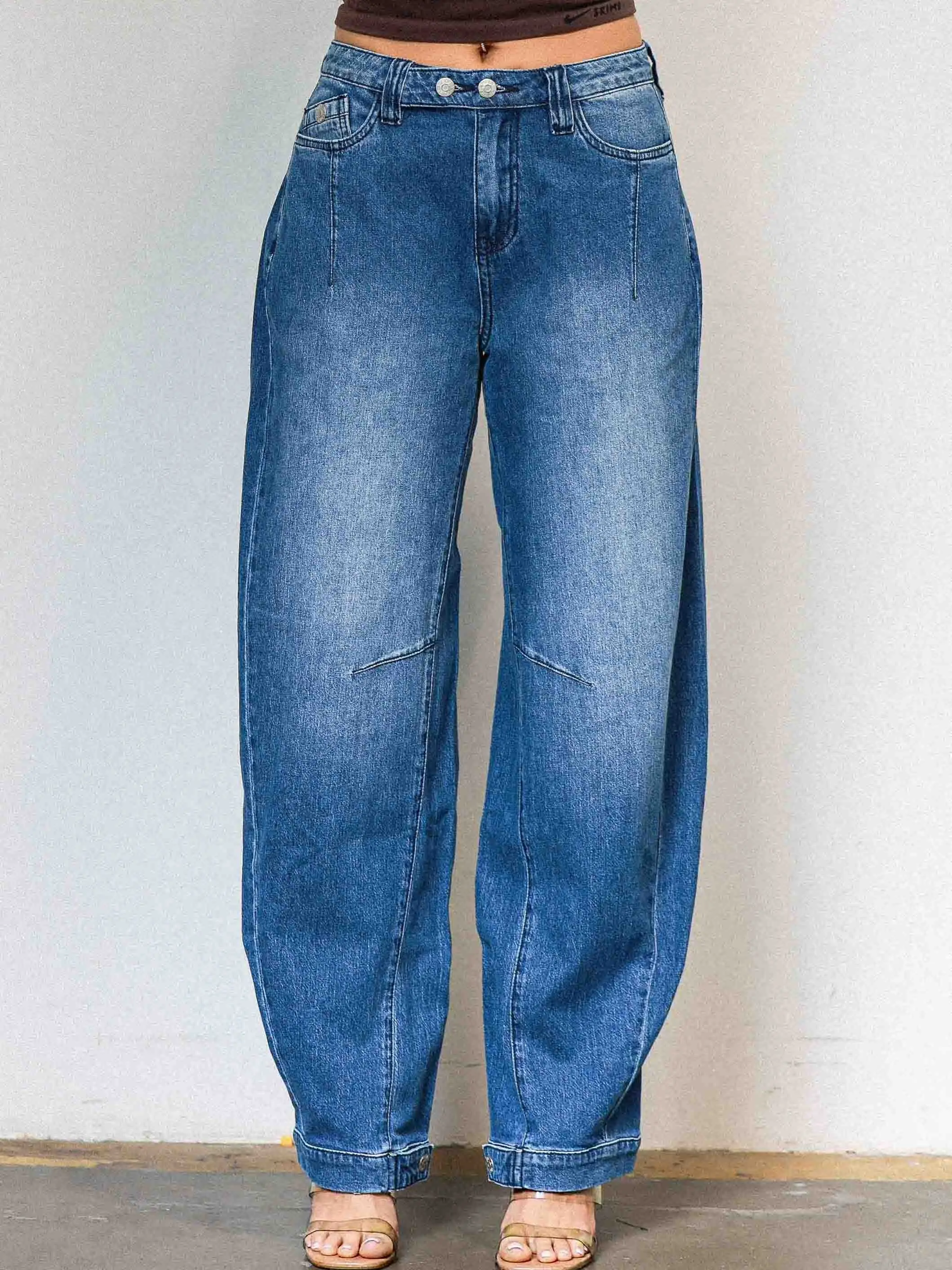 [XPT717] Two Button Waist Baggy Barrel Jeans