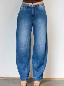 [XPT717] Two Button Waist Baggy Barrel Jeans