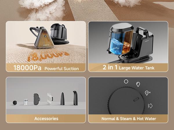 UWANT ZY B300Pro Portable Carpet Cleaner Machine - Powerful Suction Vacuum, 18000pa Suction, Deep Steam Clean & Water Extraction, Lightweight Handheld Household Item for Car+Home Use Area Rug Upholstery