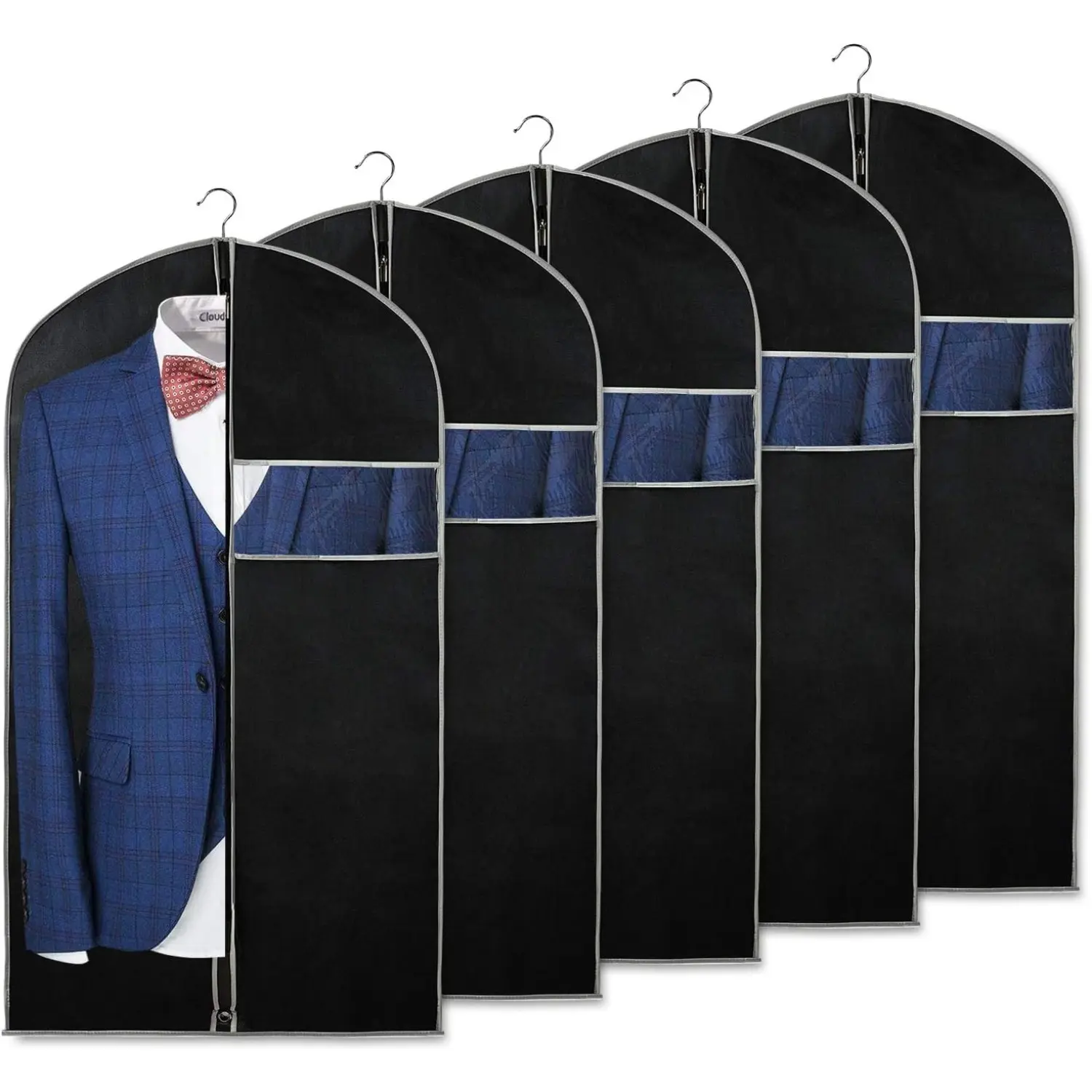 5-Pack 40-Inch Smooth Lightweight Metal Window Synthetic Garment Bags for Hanging Suits, Closet Organization & Clothing Storage (Black & Grey) Dust Cover