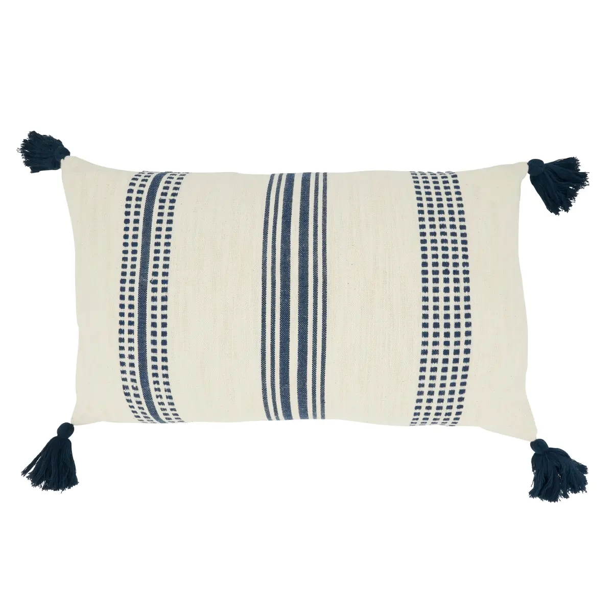 Saro Lifestyle 5120.NB1220BP 12x20 in. Playful Stripe Pattern Oblong Poly-Filled Throw Pillow with Tassels, Navy Blue Throw Pillows