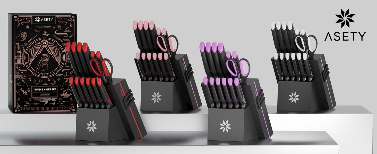 ASETY 15PCS Cyberpunk Knife Set from Future Kitchen Knife Set with Built-in Knife Sharpener Block, Stainless Steel Knife Block Set, Dishwasher Safe Mordern Knife Set, Elegant Box for gift Lightweight Sturdy