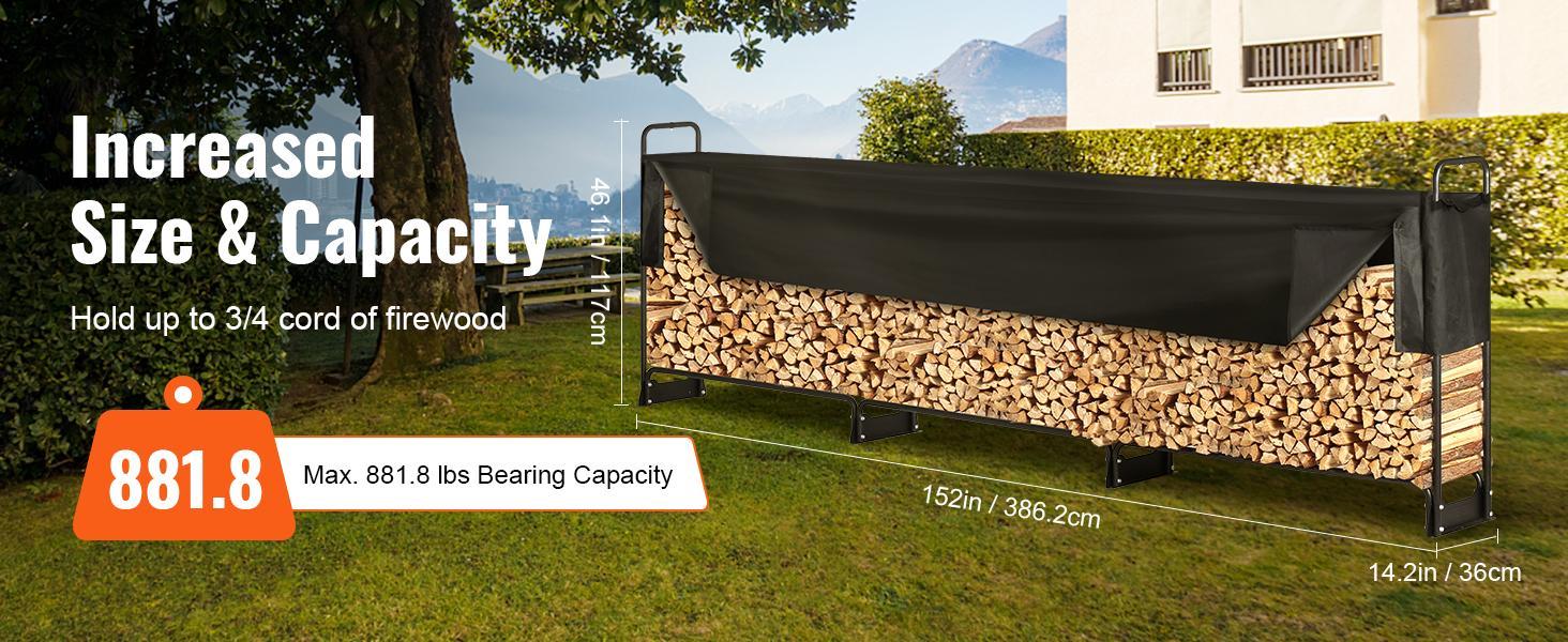 VEVOR 12.7FT Outdoor Firewood Rack with Cover, 152x14.2x46.1in,Heavy Duty Firewood Holder & 600D Oxford Waterproof Cover for Fireplace, Patio, Indoor/Outdoor Log Storage Rack for 3/4 Cord of Firewood Organiser Room