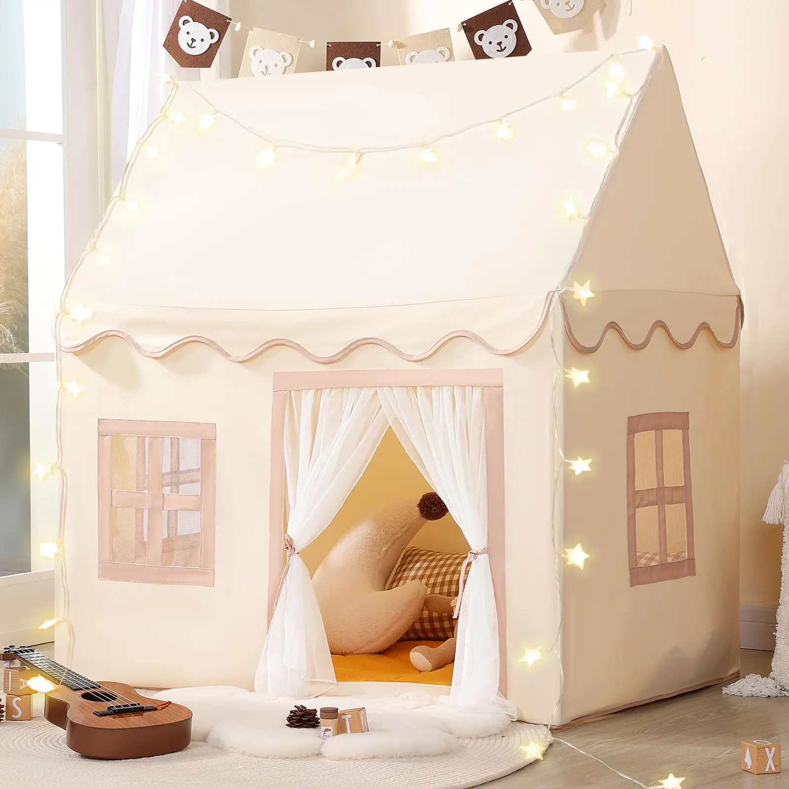Apojungle Kids Play Tent with Star Lights - Beige Indoor Playhouse with Breathable Windows & Lace Curtains, Perfect Birthday Gift for Toddler Girls & Boys.