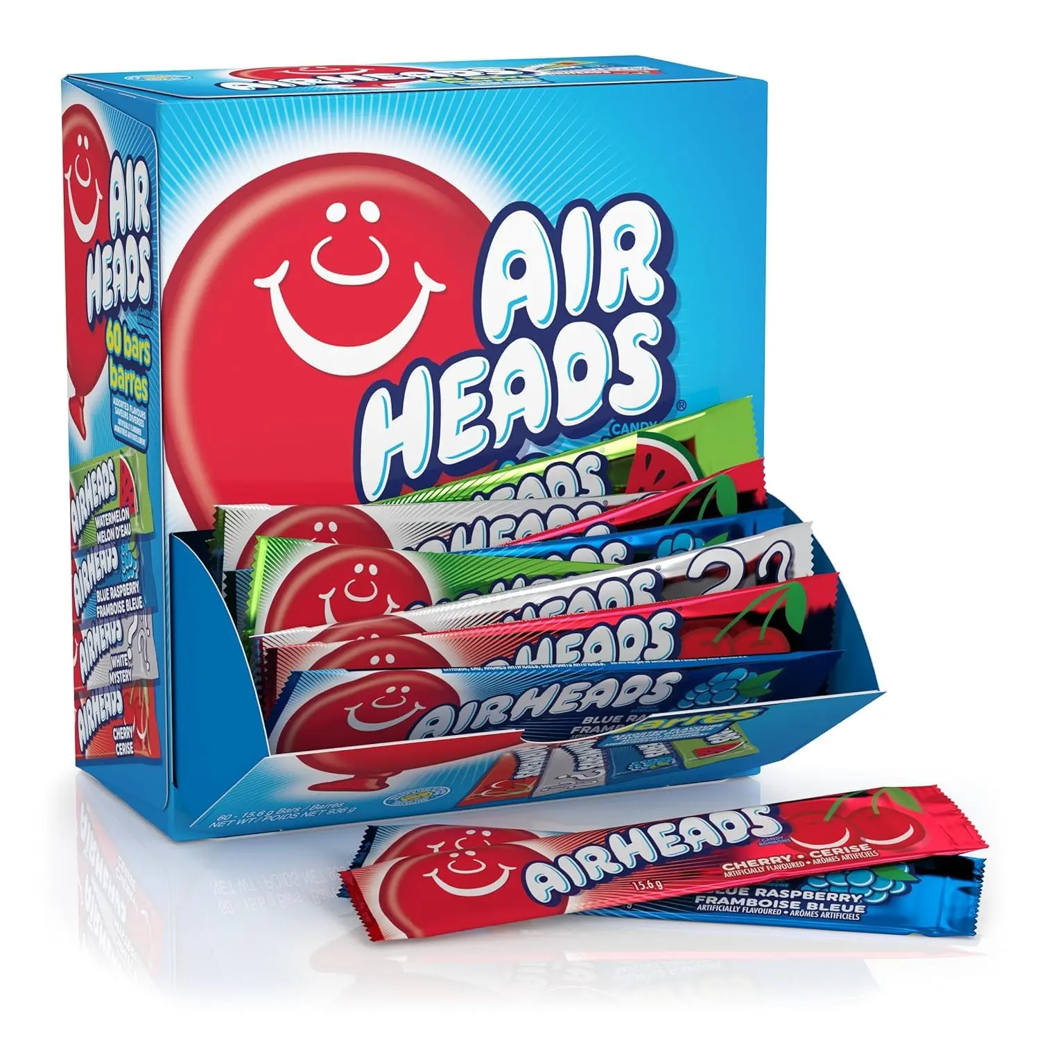 Airheads Full-Size Candy Bars, Assorted Taffy Variety Pack, 60 Count Box | Individually Wrapped Bulk Candy, Six Assorted Fruit Flavors, Artificially Flavored