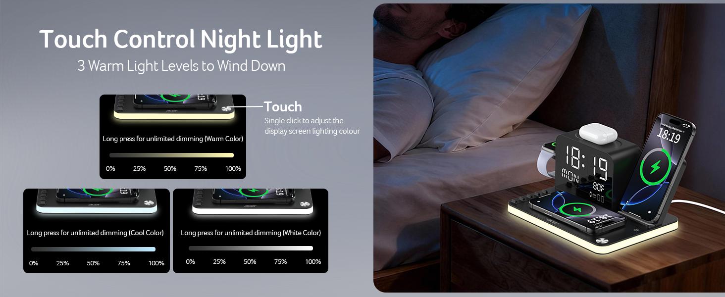 Acer 7 in 1 Wireless Charging Station Charger with LED Night Light, Bluetooth Time Sync Clock & Temperature Display, USB-A & USB-C, Magnetic MagSafe – for iPhone, Android Phone, Apple Watch & AirPods, Gift