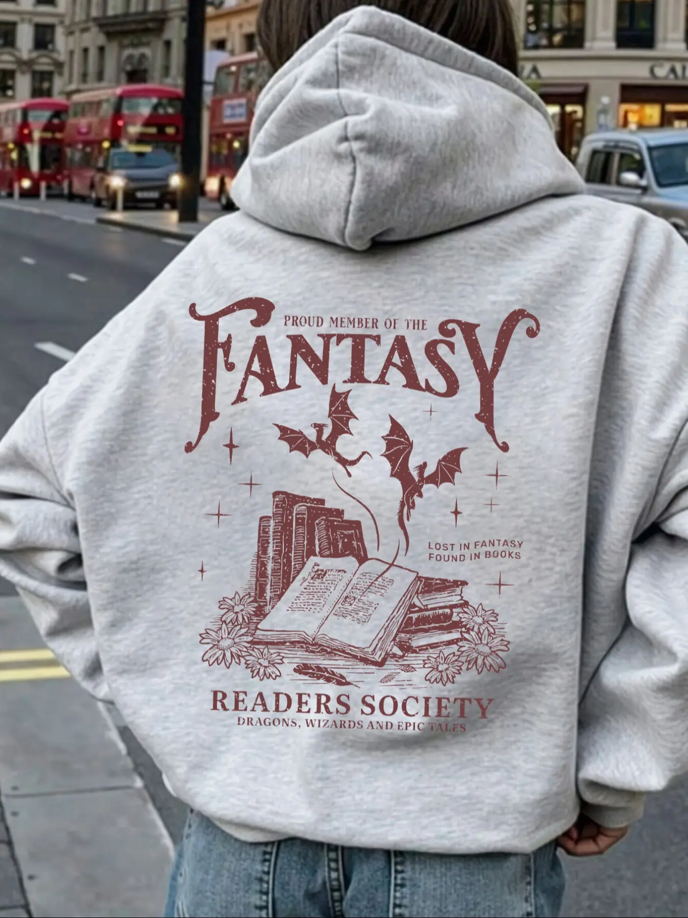 Fantasy Readers Society Hoodie, Casual Pullover Tops, Hoodie Clothing Tops, Retro Bookish Graphic Sweatshirt with Dragons & Open Book Print, Lost in Fantasy Found in Books Slogan, Unisex, Casual Wear for Epic Fantasy Enthusiasts