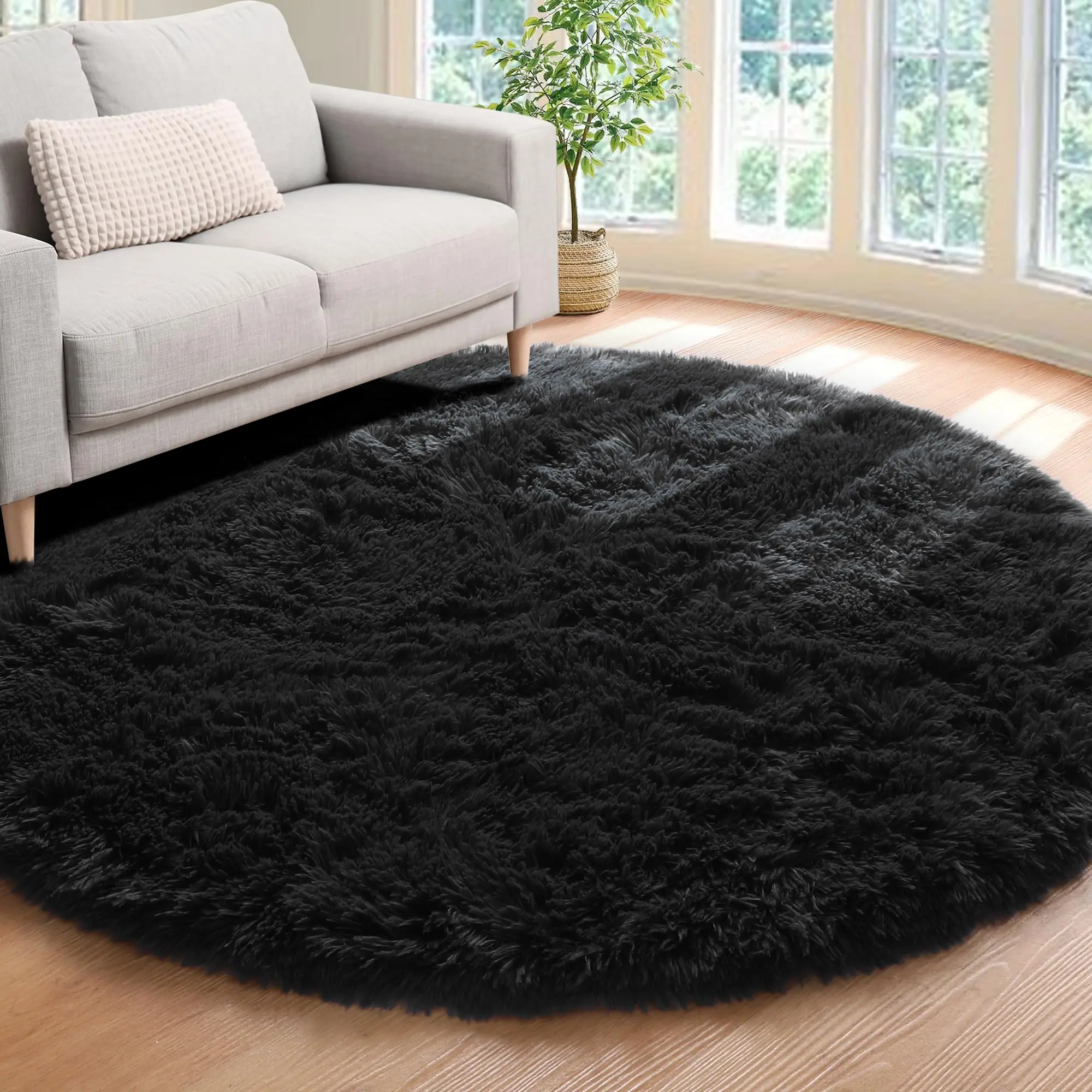 JAKOLIVE Black  Round Fluffy Rug for Woman Bedroom Shaggy Circle Area Rugs for Room Living Room Cute Fuzzy Carpet for Dorm Playroom Rug Upgrade Non-Slip Soft Plush Carpets for Sister’s Birthday Party Home Room Decor Aesthetic