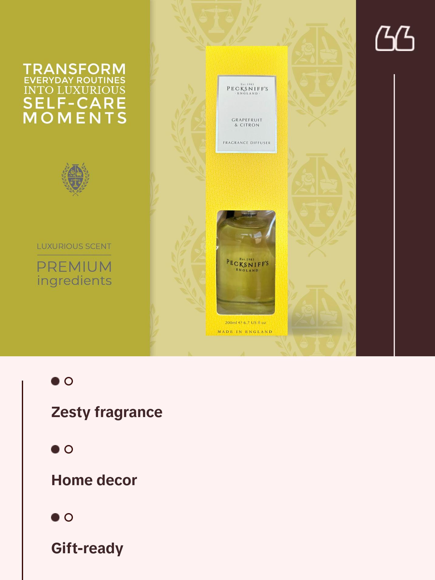 Pecksniff's Classic Reed Diffuser Set | Grapefruit & Citron Scent, Fresh and Zesty Fragrance Reed Diffusers for Home Office Decor | 200ml/ 6.7 fl oz