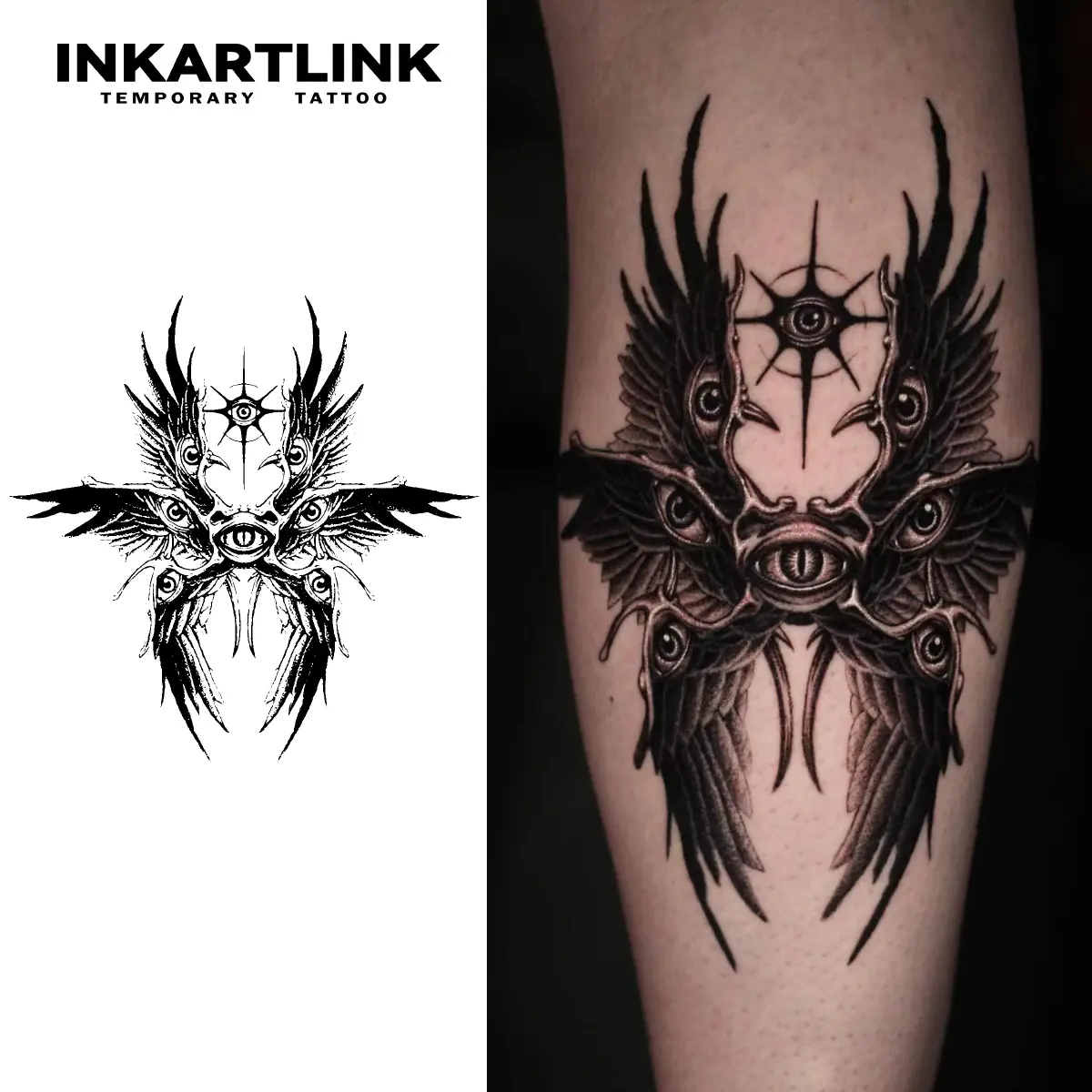 INKARTLINK Tattoo Tech - 2 Sheets Medium Semi Permanent Tattoo with Realistic Look, Waterproof, No Adhesive, Six-Winged Angel Design