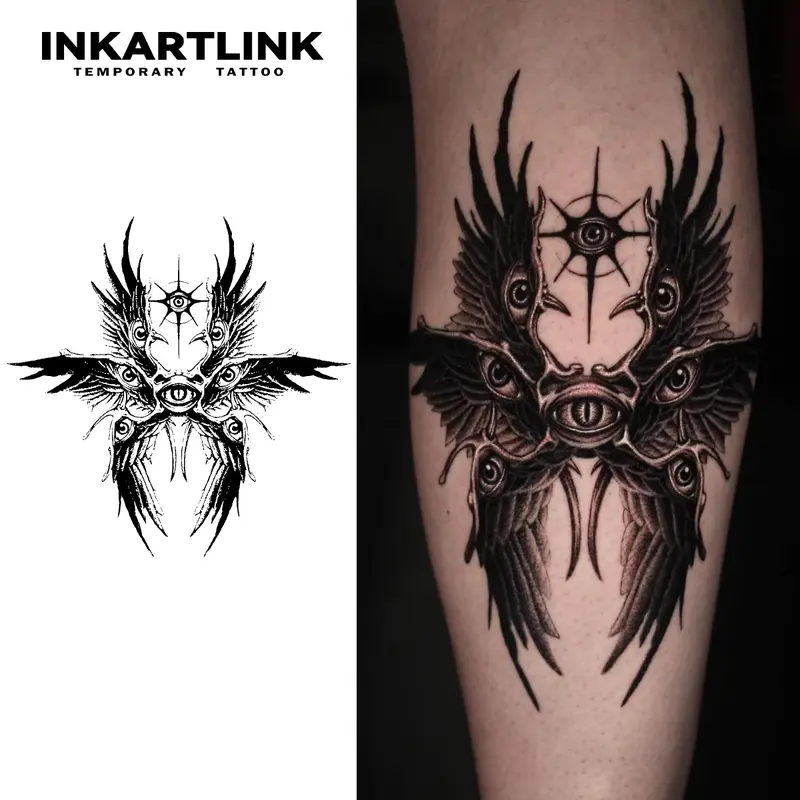 INKARTLINK Tattoo Tech, 2 Sheets Medium Semi Permanent Tattoo, Adult Art Design Temporary Tattoos, Lasts 1-2 Weeks, Waterproof, Realistic Look, No Adhesive, No Reflection (Six-Winged Angel Design)