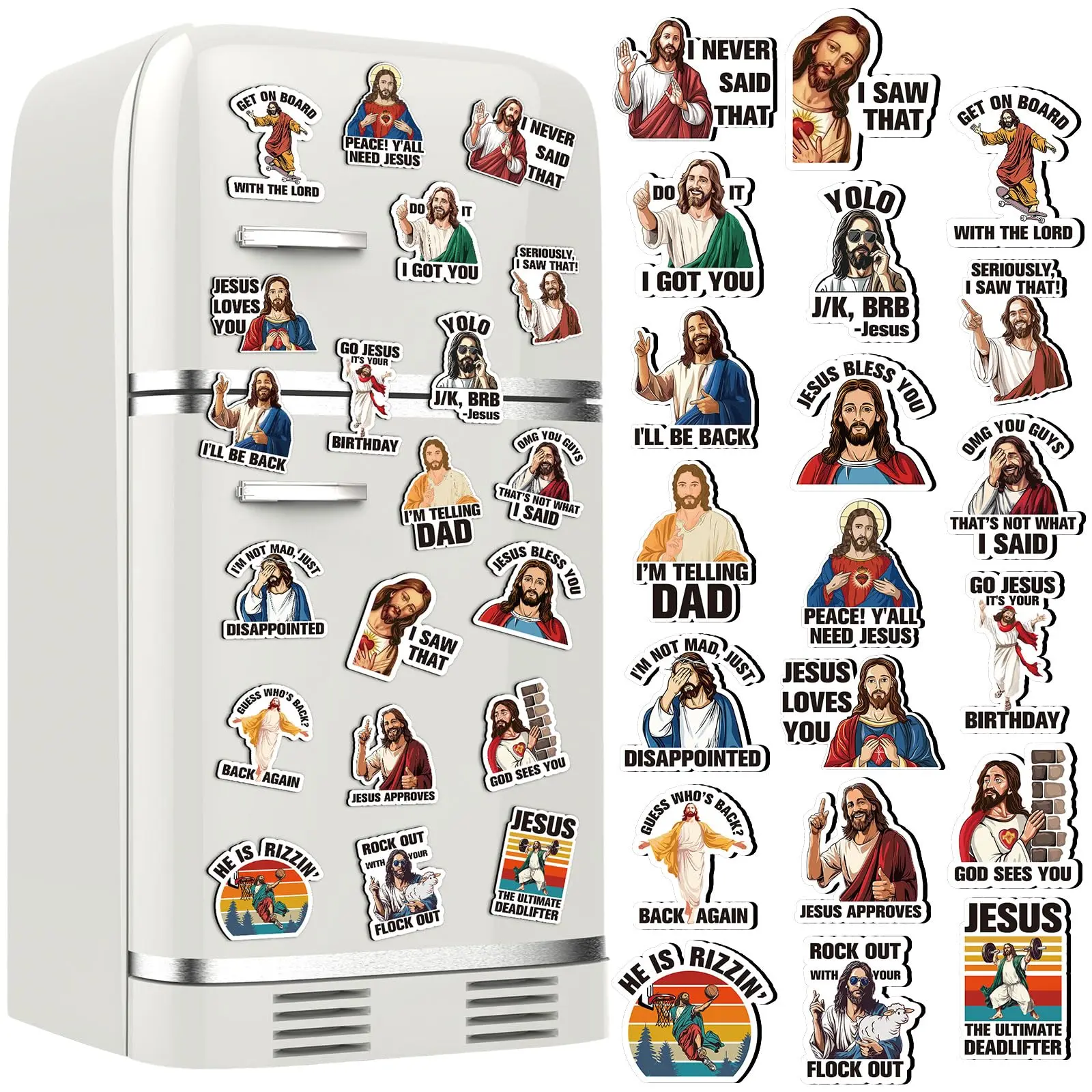 8/10/20/30-Piece Funny Jesus I Saw That Fridge Magnet Sticker Set, Christian Home Decor Decoration for Jesus Lovers, Creative Gift for Home Kitchen Office Whiteboard